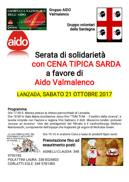 Serata di solidarietà con cena tipica sarda a favore di AIDO Valmalenco